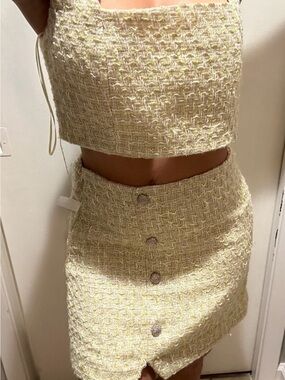 House of Harlow 1960 Pale Yellow Tweed Button-Front Mini Skirt